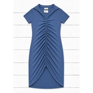 Livi by Olivia Rae Blue Ribbed Ruched Bodycon Dress Short Sleeve VNeck Small NWT